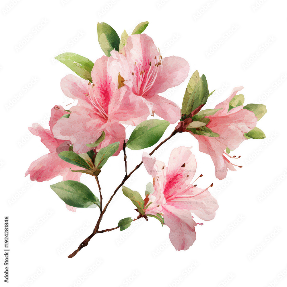 Obraz premium Beautiful pink azalea flowers with green leaves on branch isolated on transparent background transparent background