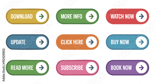 Call to action web buttons set with colorful backgrounds and arrow icons for website landing pages