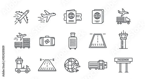 Collection of simple line icons related to air travel and airport services.