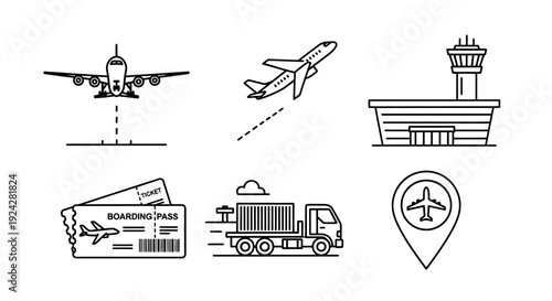Air travel icons set including planes, airport, and luggage.