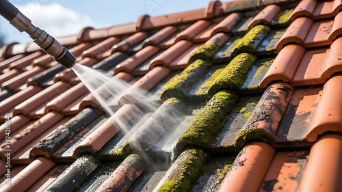 A close-up view of a pressure washer cleaning a mossy and dirty roof.