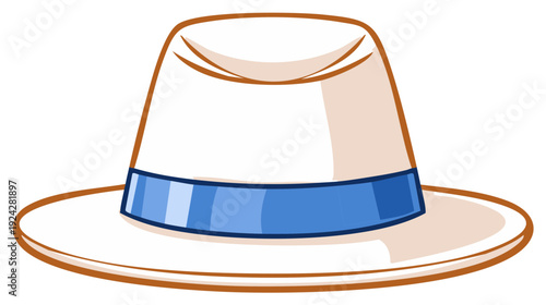 Cartoon white sun hat with blue ribbon and brown accents for summer fashion