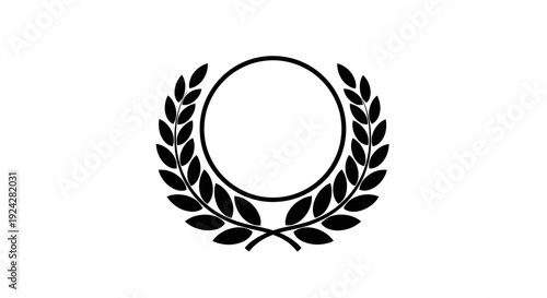 Black laurel wreath with circular frame and crossed leaves at the bottom.