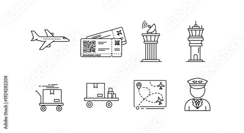 Travel and Transportation Icons Set with Landmarks and Traveler.