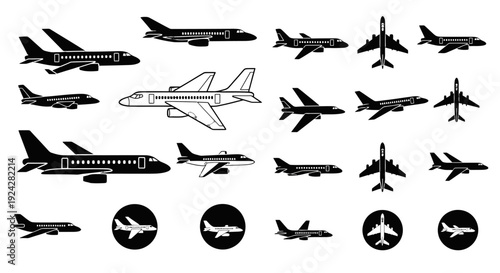Collection of various airplane silhouettes and icons in different styles.