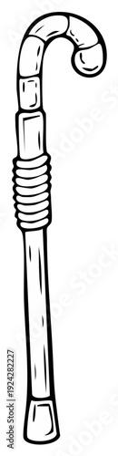 Cartoon drawing of an old wooden walking cane, black and white.
