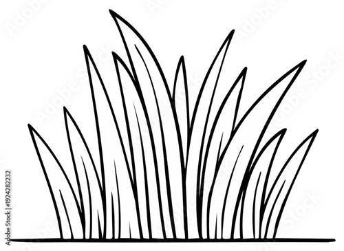 Stylized black and white illustration of tall, slender grass blades growing from a simple line, representing a natural element.