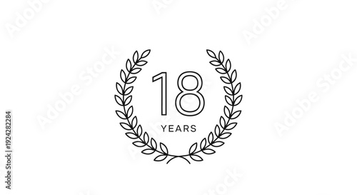 Simple black and white laurel wreath with 18 years anniversary text.
