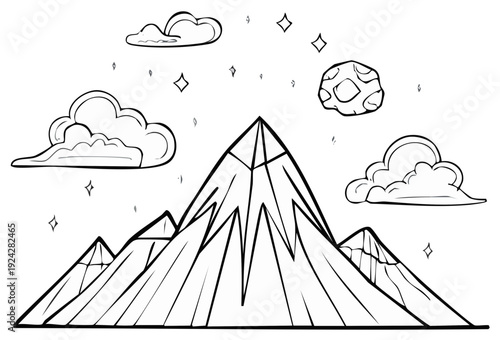 Cartoon-style mountain range with clouds, stars and an asteroid