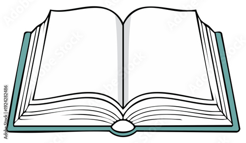 Open book with blank pages, teal cover, vector illustration for storytelling and education concepts