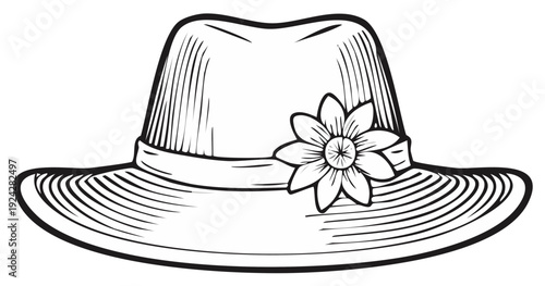 Elegant Wide-Brimmed Hat with Floral Embellishment Line Drawing