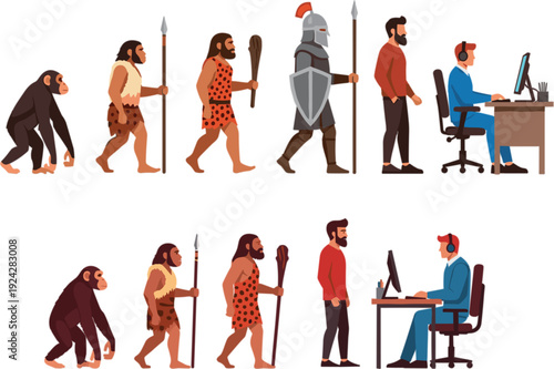 evolution vector illustration set showing progress from ape to caveman to knight and modern office worker sitting at desk