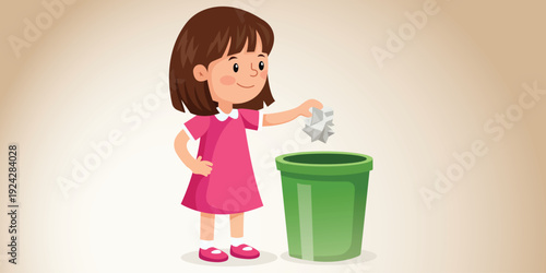A cartoon girl throwing away a piece of paper into a green trash can