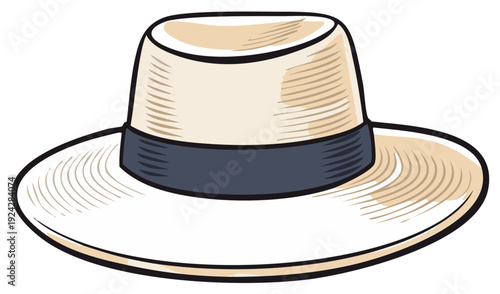 Illustrated straw hat with dark blue band, elegant design, cartoon style.