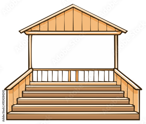 Wooden porch with steps and a railing leading to a covered area illustration