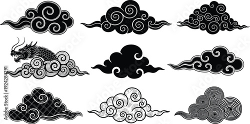 Set of oriental decorative clouds and dragon vector silhouettes featuring traditional Chinese and Japanese patterns for lunar new year, asian art, or tattoo,