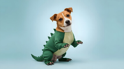 Dog in a green dinosaur costume. Funny pet.
