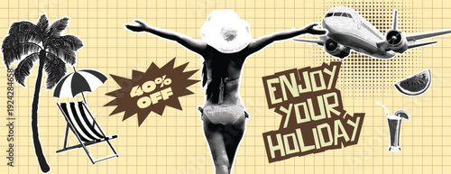 Retro vintage pop art comic style halftone collage travel agency banner for summer holiday vacation banner Retro enjoy your holiday banner with happy woman airplane beach chair and palm tree design