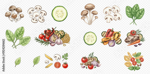 Artistic hand-drawn collection of fresh ingredients for healthy Italian cooking and recipes.