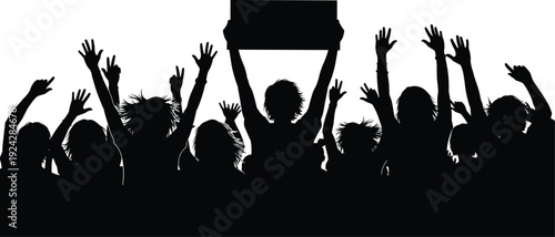 Silhouette of cheering crowd and protesters with raised hands holding blank sign board for concert, sports event, demonstration, or political rally celebration,