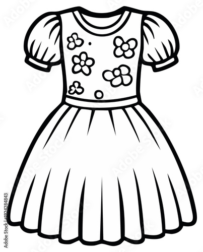 Black and white cartoon illustration of a girl's dress with flower details.