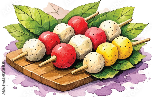 Tropical Dragon Fruit Skewers Watercolor Fruit Kebabs Illustration