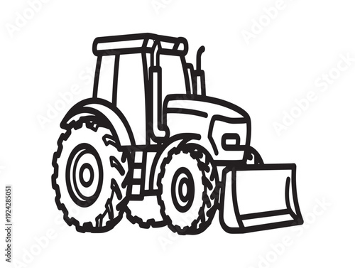 Black and white line drawing of a tractor with a front loader
