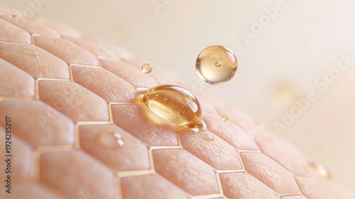 Skincare serum droplets on a hexagonally textured surface