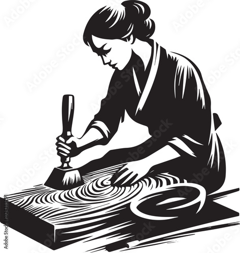 Elegant monochrome depiction of a woman carving wood with meticu