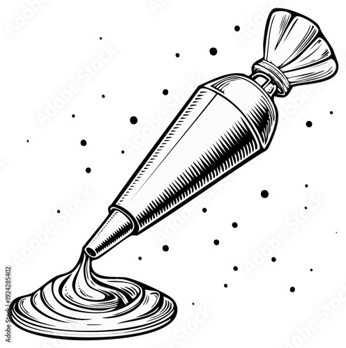 Retro illustration of a pastry bag decorating a swirling mound of frosting with scattered dots on a white background