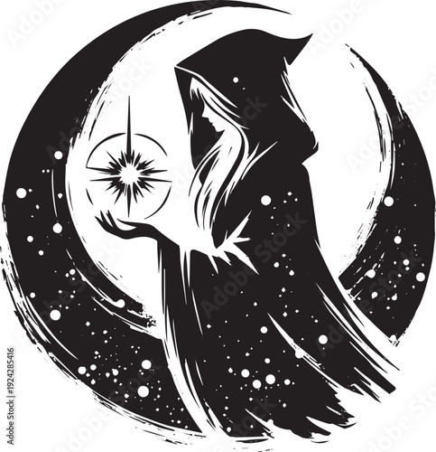 Celestial sorceress with star orb, sumi-e style, a bewitching il