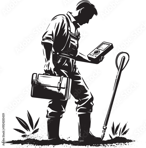 Monochrome illustration of a soil scientist checking carbon leve
