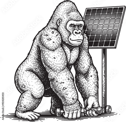 Engraved illustration depicting a gorilla generating energy from