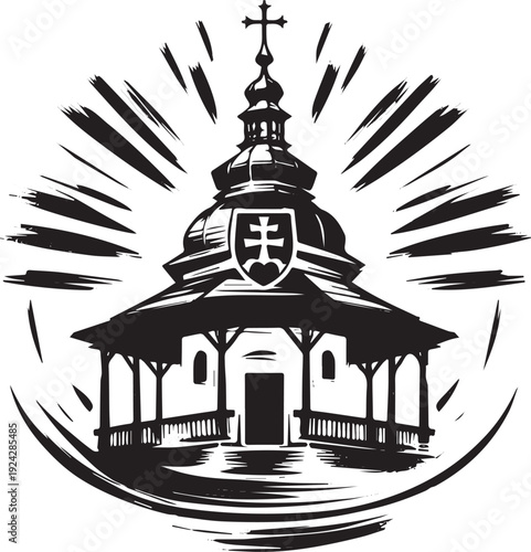 Stylized representation of a historic chapel with a distinctive