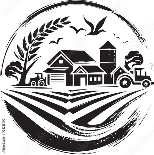 Monochrome rustic farm vector illustration in Sumi-e brush strok