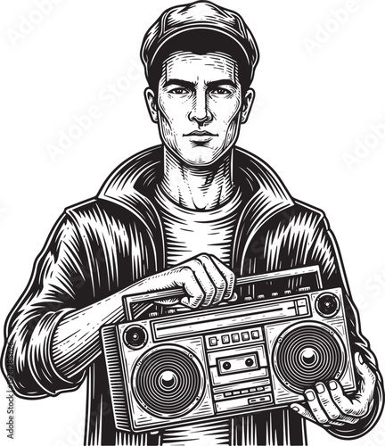 Engraved retro illustration of a guy holding boombox with hatchi