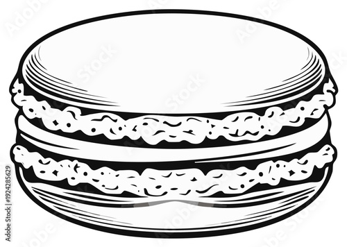 Illustration of a sweet French macaron cookie with cream filling in black and white.