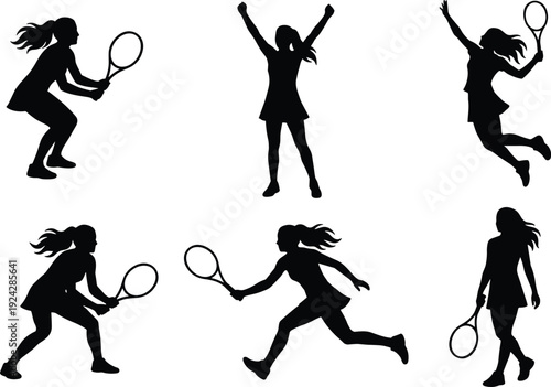 Female tennis silhouette, sports action, racket swing, athletic movement, jumping pose, running player, black outline, dynamic posture, tennis celebration, match intensity