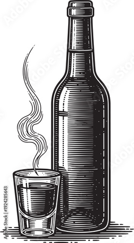 Engraved illustration depicting a vintage bottle with a shot gla