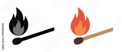 Two matchstick icons with flame symbols, vector illustrations isolated on white background, representing fire, ignition, safety, camping, and professional digital or print design projects.