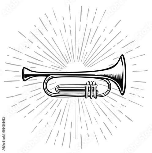 Vintage Trumpet with Radiant Sunburst Emblem Retro Music Instrument