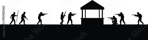 Evolution of combat silhouettes, primitive warrior to modern soldier, warfare history vector, weapon development illustration, military progression art, battle tactics design