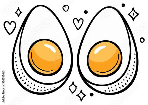 Cartoon illustration of two boiled egg halves with yolks, love hearts and sparkles.