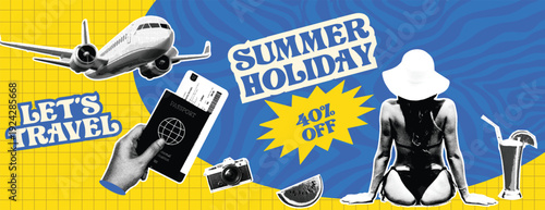 Retro vintage pop art comic style halftone collage travel banner for summer holiday vacation, summer holiday pool party banner with hand holding passport airplane and camera collage illustration