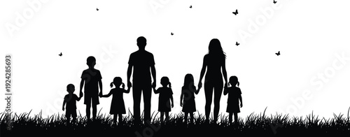 Family silhouettes walking together, parents children holding hands, happy outdoor scene, nature grass butterflies, unity love concept, black vector illustration