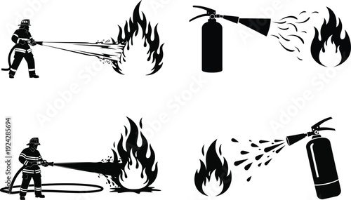 Firefighter using fire extinguisher and hose to put out flames