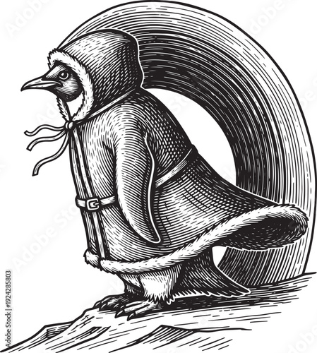 Intricate etching illustration: Penguin dressed in hooded winter