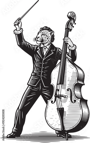 Whimsical Leopard Conductor Leading a Symphony with Double Bass