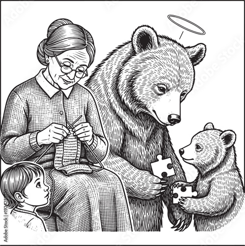 Whimsical Woodcut Illustration: Knitting Grandmother with Bear P