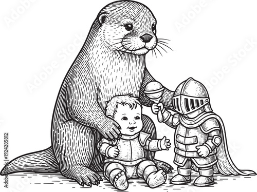Playful Otter Encounter with Infant and Knight, Woodcut Illustra